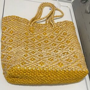 Woven Straw Tote Bag in Yellow and Cream - Lightweight Beach & Market Bag